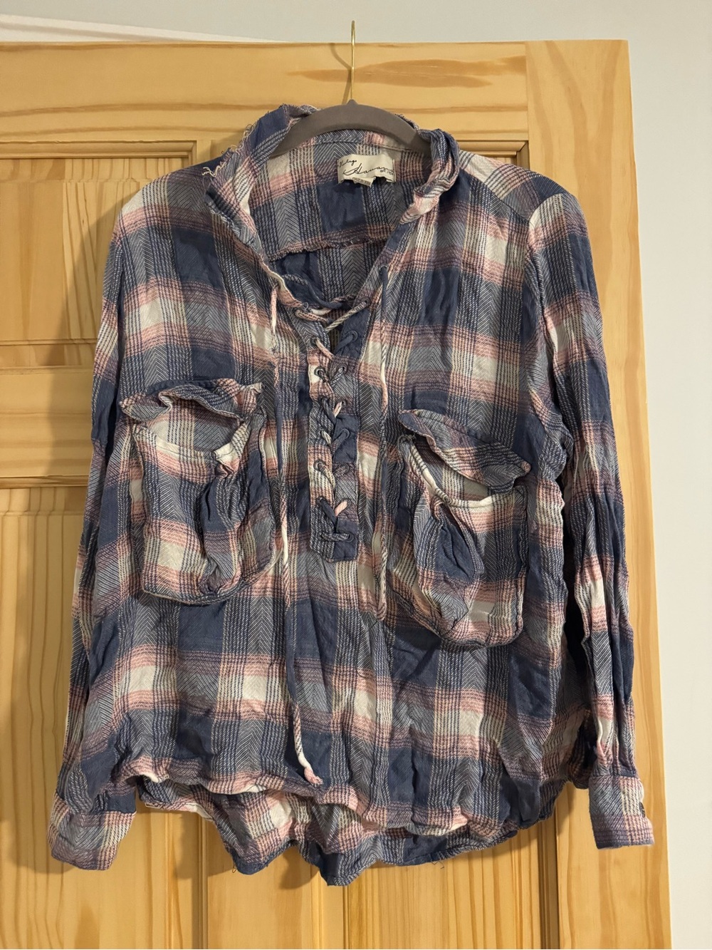Vintage Blue & Pink Plaid Lace-Up Button Down Shirt
